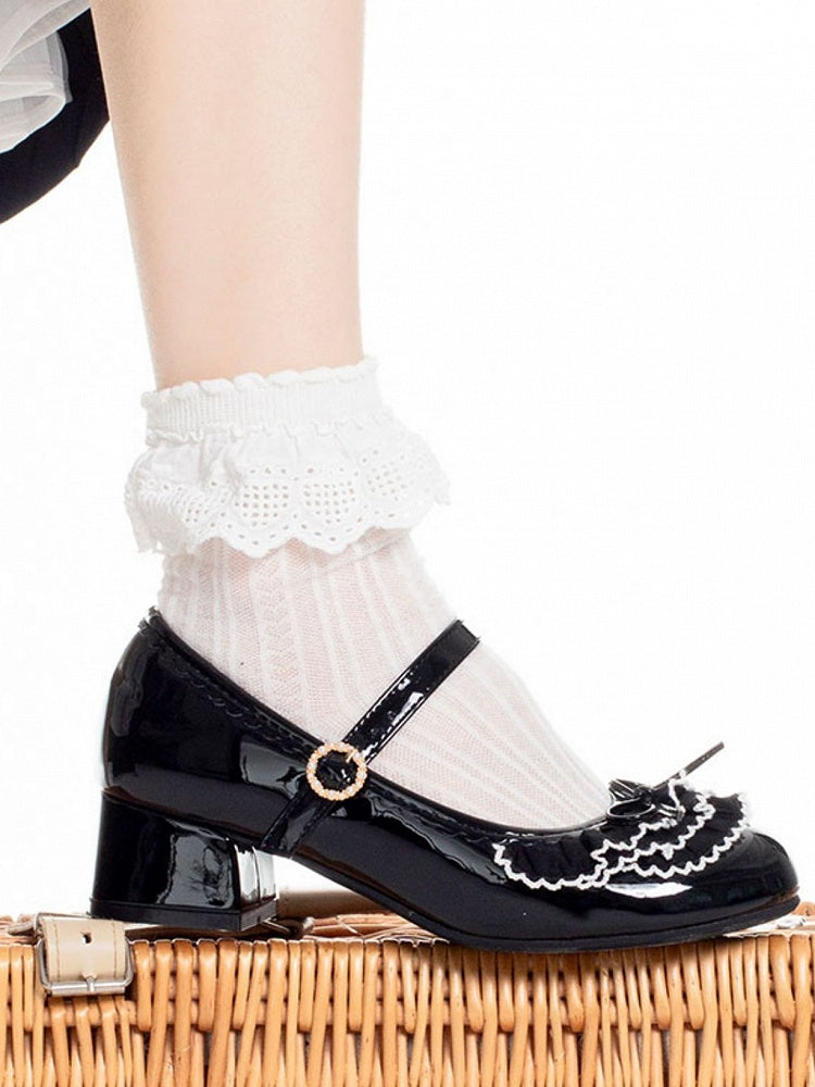Schnalle Schwarze Spitze Schichten Mary Bowknot Mehrere Verzierte Runde Perlen Janes