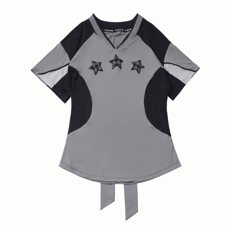 T-Shirt Stern Applikationen V-Ausschnitt Sport Colorblock Design Kariert Schwarz/Grau
