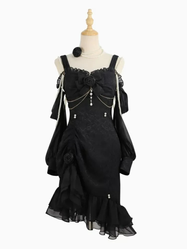 Perlen-Jacquard-Rüsche, Kamelie, Schwarz, Lolita, Meerjungfrau, Dekorationsdetail, JSK, Rosensaum