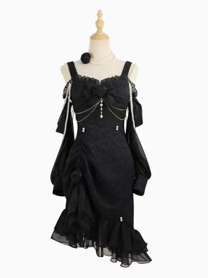 Perlen-Jacquard-Rüsche, Kamelie, Schwarz, Lolita, Meerjungfrau, Dekorationsdetail, JSK, Rosensaum