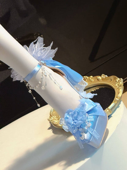 Light Blue Lolita Pumps with Floral Accents and Bead Chain - A Sky Rabbit