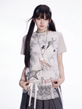 Graues, eng anliegendes T-Shirt mit Colorblock-Design und Y2K-Print
