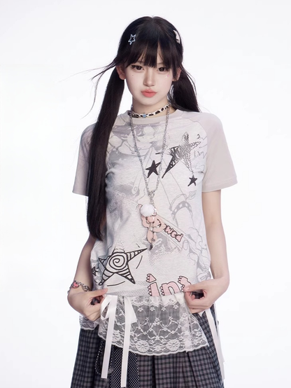 Gray Colorblock Design Y2K Print Slim-fitting T-shirt