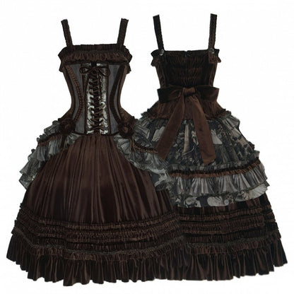 Gothic Dress Brown Pearl Shell Ruffled with Overlay Lolita Print