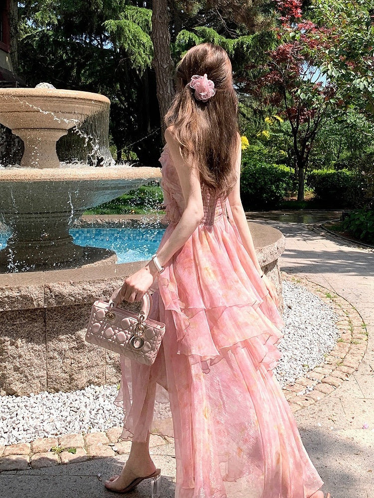 Pink Oil Painting Print Ruffle Trim Summer Holiday Dress - Qchiwawameme