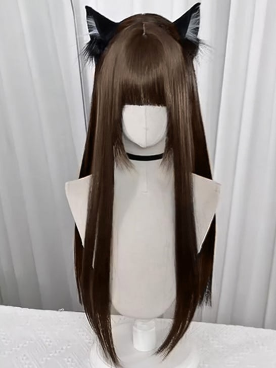 Straight Tea/Light 75CM Black Long with Full Bangs Wig Brown