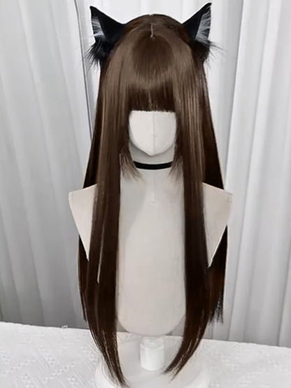 Straight Tea/Light 75CM Black Long with Full Bangs Wig Brown