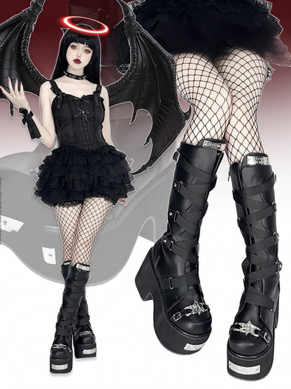 ブラック クリスクロスバックルストラップ プラットフォーム ブロックヒール ブーツ