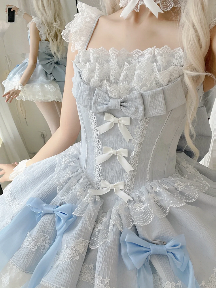 Bows Lolita Detachable Dress Boned with Blue Balletcore Waist