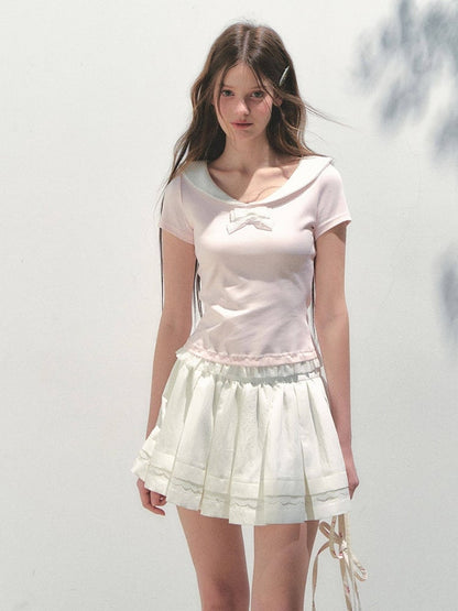 White and Skirt Kawaii Ruffled Pleats Details with Lace