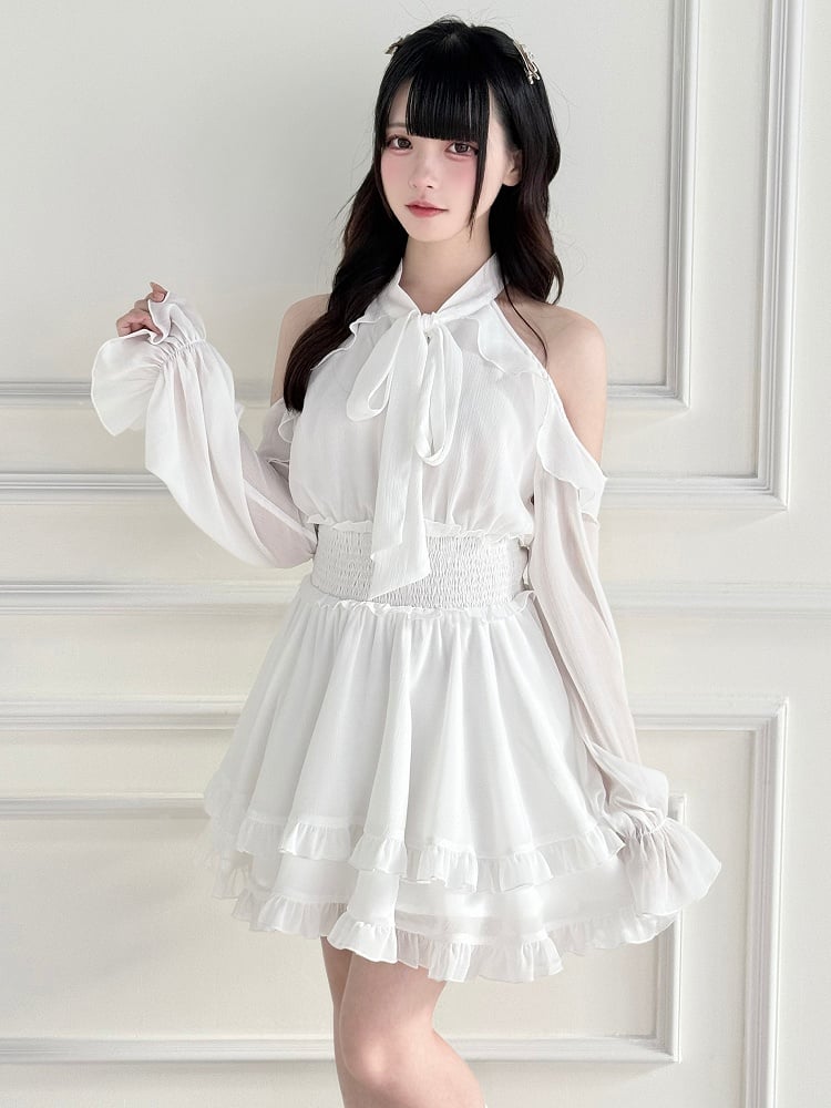 Ästhetische Jirai-Taille für weiße Schultern – gesmoktes Kleid, Clean Kei, Ausschnitt, Rüschen, gestuft