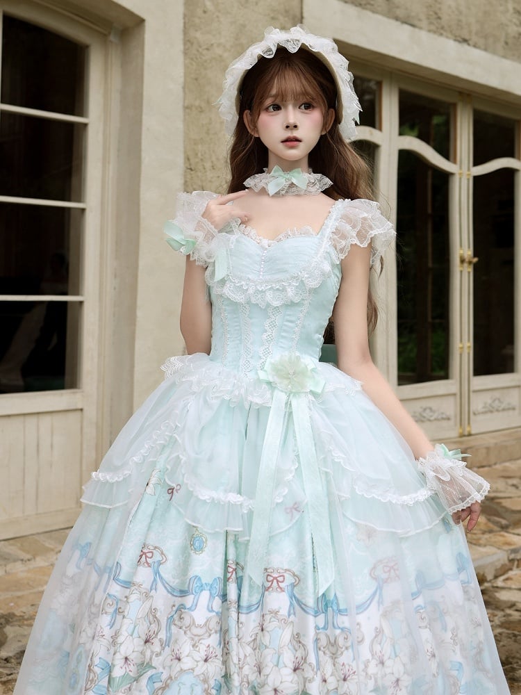 Mint Green Lolita JSK Gown with Lily Print and Tulle Overlay - White Sugar Girl