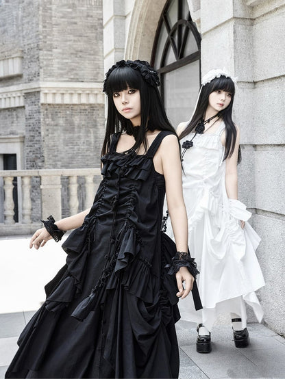 Loose Drawstring Ruffles Scarf Dress Necklace Cascading Design + Goth Black