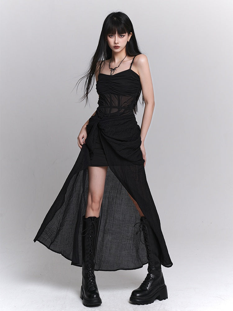 Gothic Black Twist Detail Slit Slip Dress