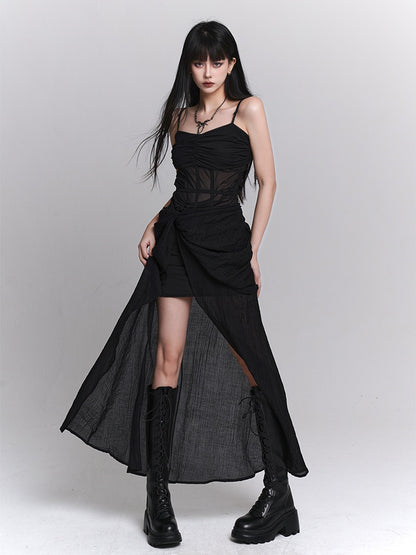 Gothic Black Twist Detail Slit Slip Dress