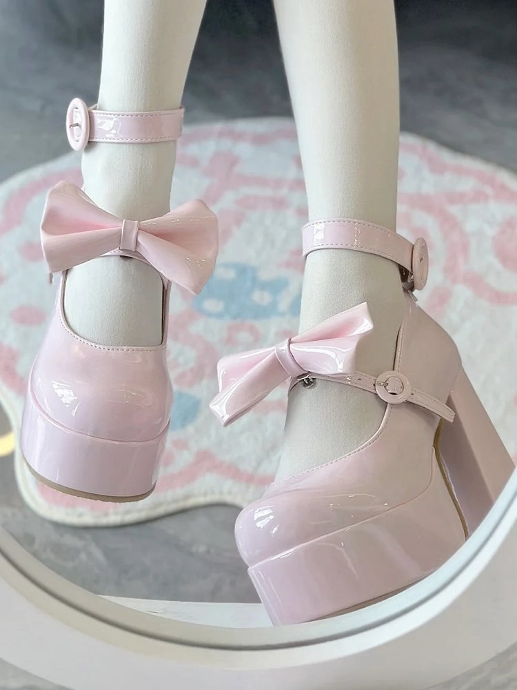 Platform with Buckle Mary PU Polished Classic Janes Circle Lolita Detachable for Pink Bow - High-heel
