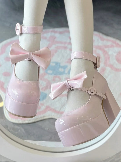 Platform with Buckle Mary PU Polished Classic Janes Circle Lolita Detachable for Pink Bow - High-heel