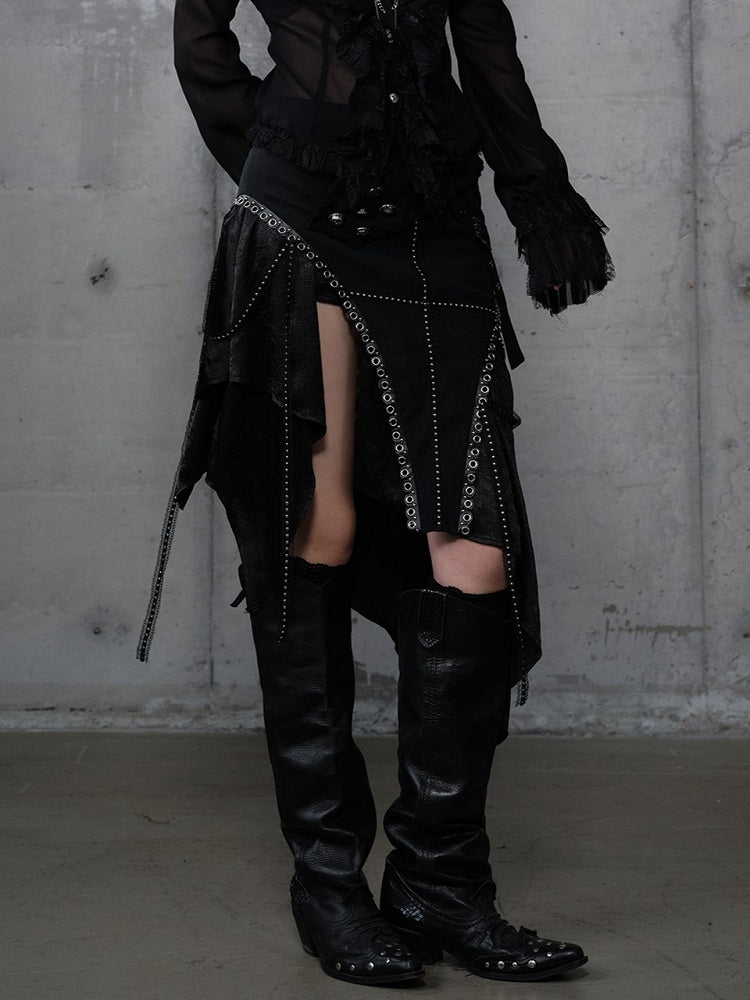Skirt with Embellishments PU Handkerchief Hem Punk Gothic Metal Black
