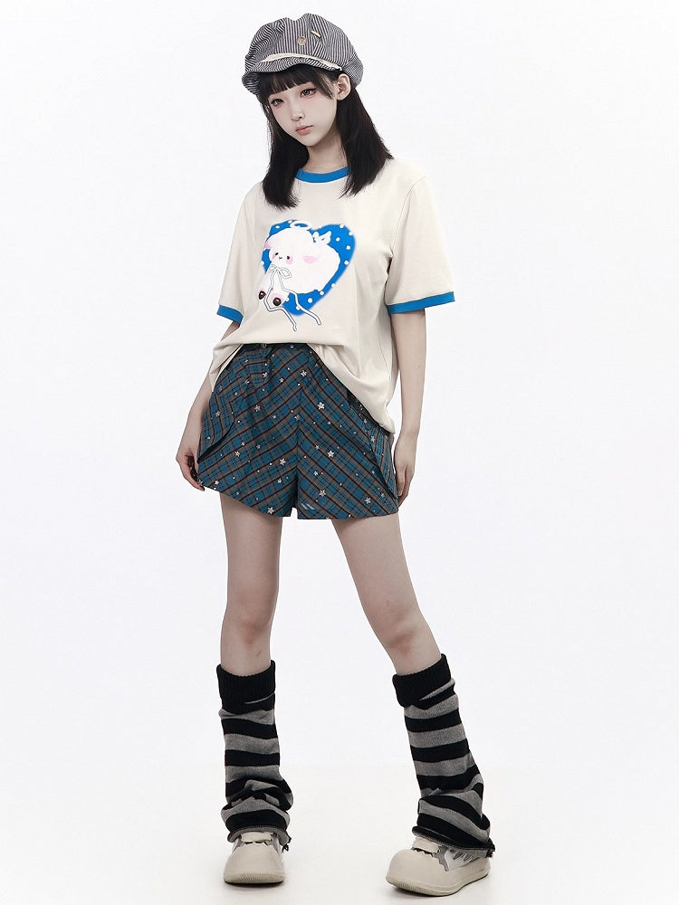 Blue Plaid Shorts with Glitter Star Pattern - PINK SAVIOR