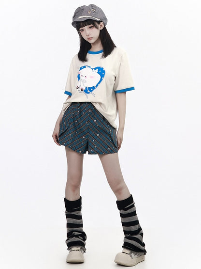 Blue Plaid Shorts with Glitter Star Pattern - PINK SAVIOR
