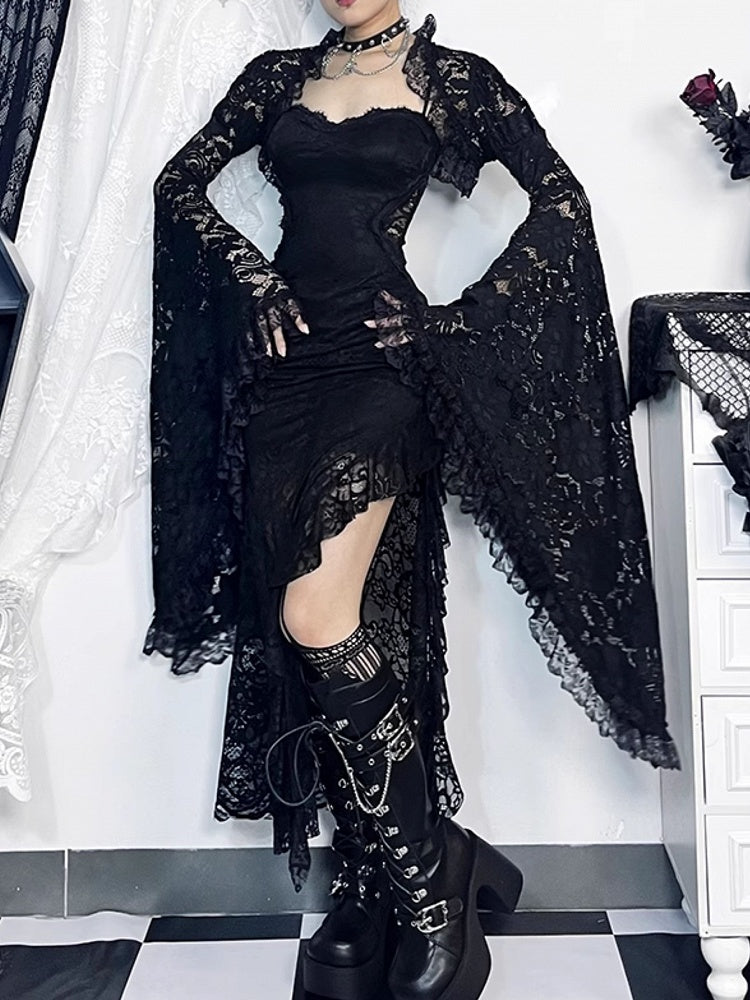 Black Lace Shrug Embroidery Sleeve Floral Trim Bell Gothic Halloween with