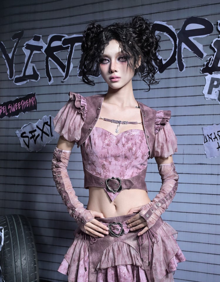 Pastel Rhinestone Cami Y2K Sequin Denim Buckle Top Punk Heart with Belt Pink