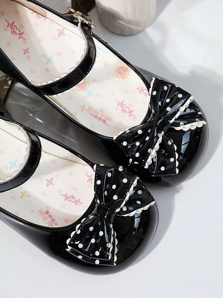 with Bear Round Low-heel Pattern Black and Toe Adorable Dot Clasp Bow in PU Shoes