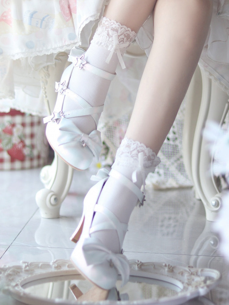 Star High White Sweet Lolita Buckles Crisscross Straps with - Accents Heels Bow