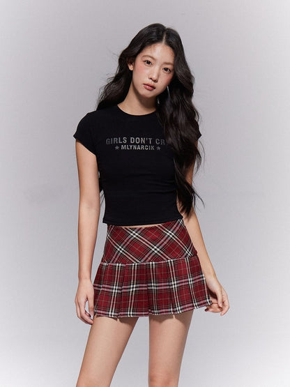 Red Zipper Pleats Preppy Skirt Side Mini Box Plaid Classic A-Line Style with