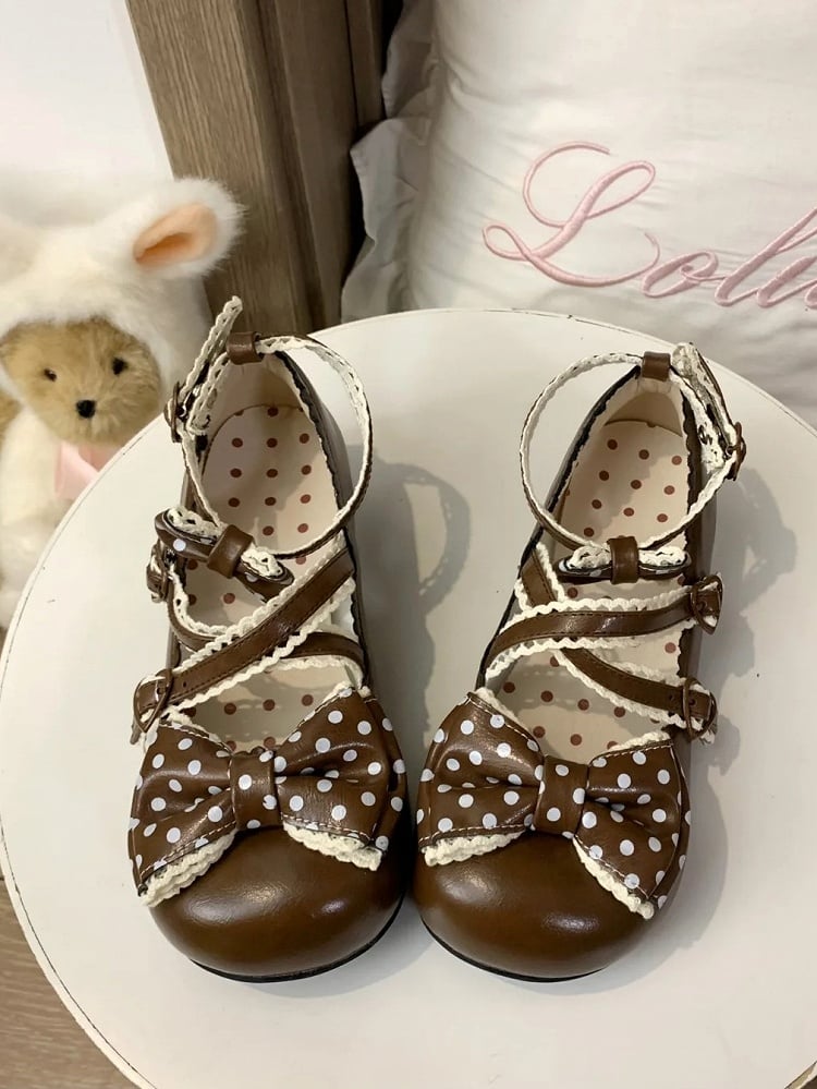 Lolita Dark Low-heel Shoes Brown Crossed Embellished Polka Sweet with Bows Straps