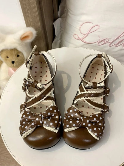 Lolita Dark Low-heel Shoes Brown Crossed Embellished Polka Sweet with Bows Straps