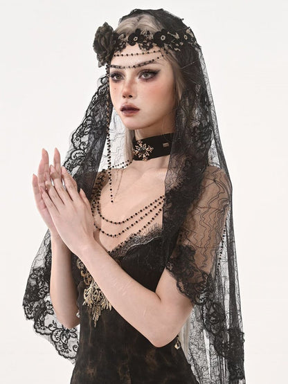 Bead Black With Veil Gothic Chains Lace Gold Floral