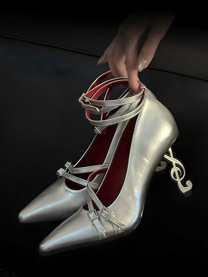Gothic Toe - Note shaped Shoes Music Fashion Silver Matte Heel in with Pointed High-heel