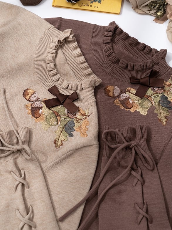 Autumn Pinecone Top Manschetten Khaki Ausschnitt Schnürung Strick Stickerei