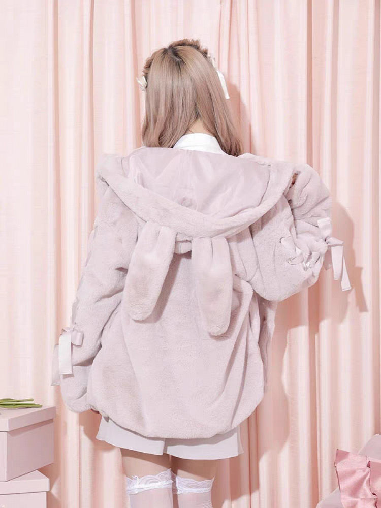 Sweet Jirai Kei Plush Bunny Ear Hooded Coat for Fall/Winter with Lace-Up Sleeves in Dusty Pink/White/Black