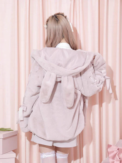 Sweet Jirai Kei Plush Bunny Ear Hooded Coat for Fall/Winter with Lace-Up Sleeves in Dusty Pink/White/Black