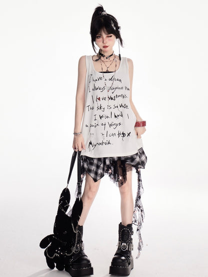 Y2K 黒と白のチェック柄ハンカチ裾カスケードフリルメッシュ