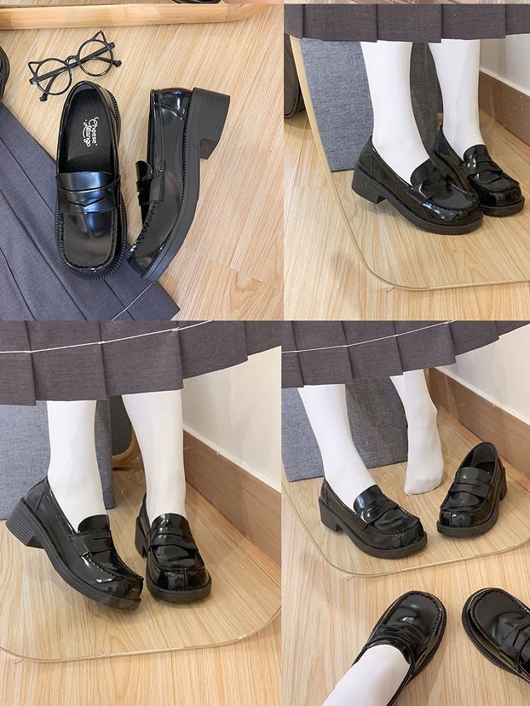 Version mit mittlerem Absatz, Stil Schule – in schwarzen Slippern, akademische JK-Loafer-Uniform