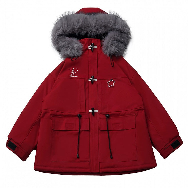 Parka unisexe d'hiver rouge à capuche et fourrure en peluche