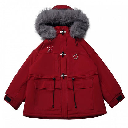 Parka unisexe d'hiver rouge à capuche et fourrure en peluche