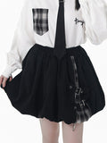 Strap Bubble Skirt Buckle Patchwork Design Plaid Mini Black with Zipper