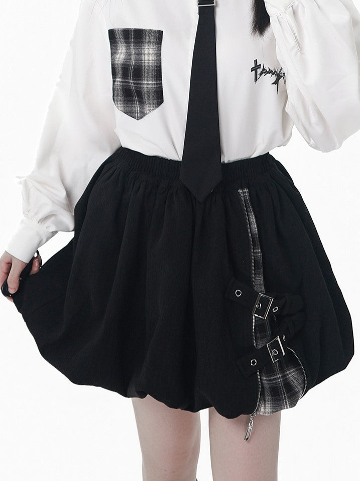 Strap Bubble Skirt Buckle Patchwork Design Plaid Mini Black with Zipper