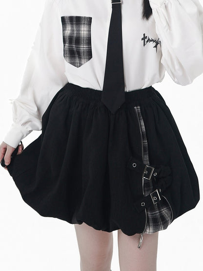 Strap Bubble Skirt Buckle Patchwork Design Plaid Mini Black with Zipper