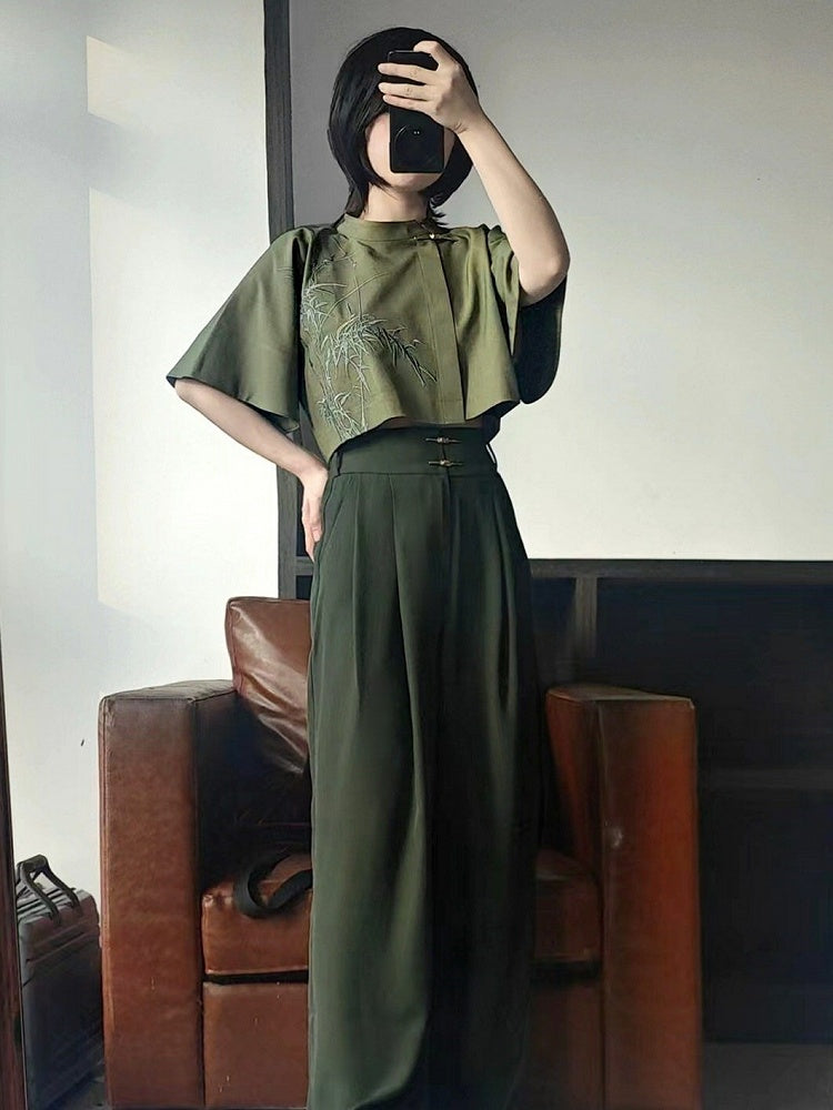 Green Bamboo Embroidered Short Sleeve Top - Feng Hua Gui Guo Ling