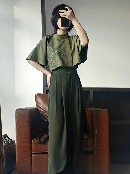 Green Bamboo Embroidered Short Sleeve Top - Feng Hua Gui Guo Ling