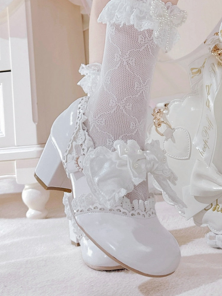 in Bow Sweet with Lace-Trimmed Mid Strap White Beaded Clasp Lolita Heart Heels