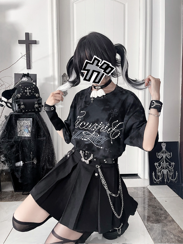 Tie-Dye Short Beaded Lettering Punk Black Cross Sleeve Print T-shirt with