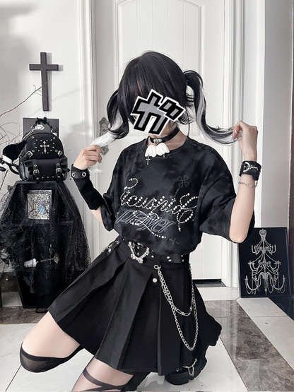 Tie-Dye Short Beaded Lettering Punk Black Cross Sleeve Print T-shirt with