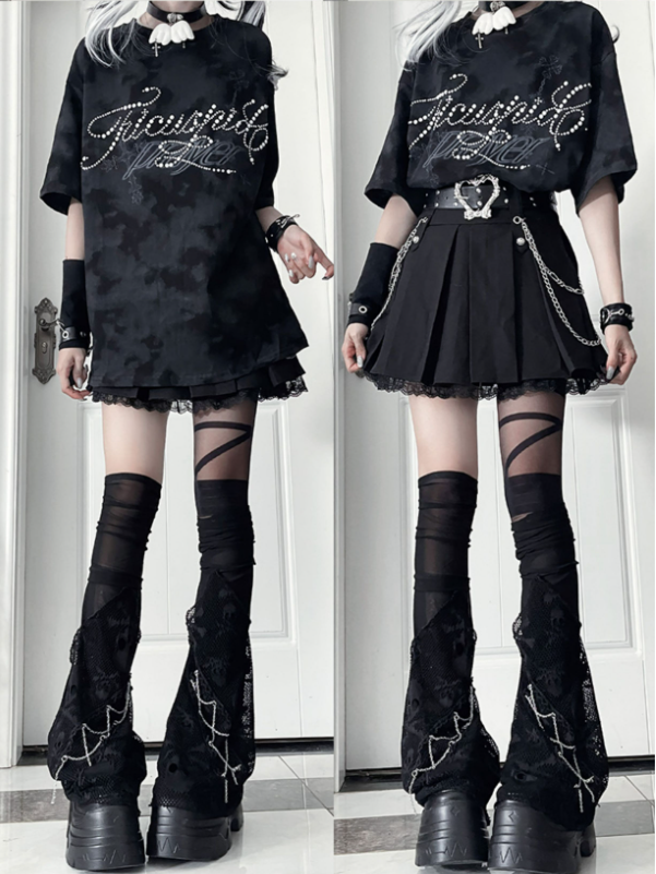 Tie-Dye Short Beaded Lettering Punk Black Cross Sleeve Print T-shirt with