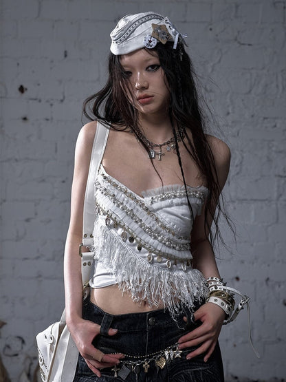 Black/White Crossover Design Bead Hem Details Fringe Baroque